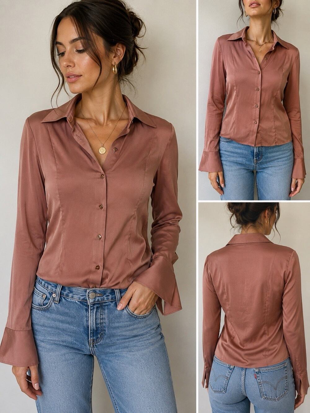 Vtg Fendi Jeans Made Italy Silk Blend Button Front Blouse Dusty Rose Sz 8 (L20)